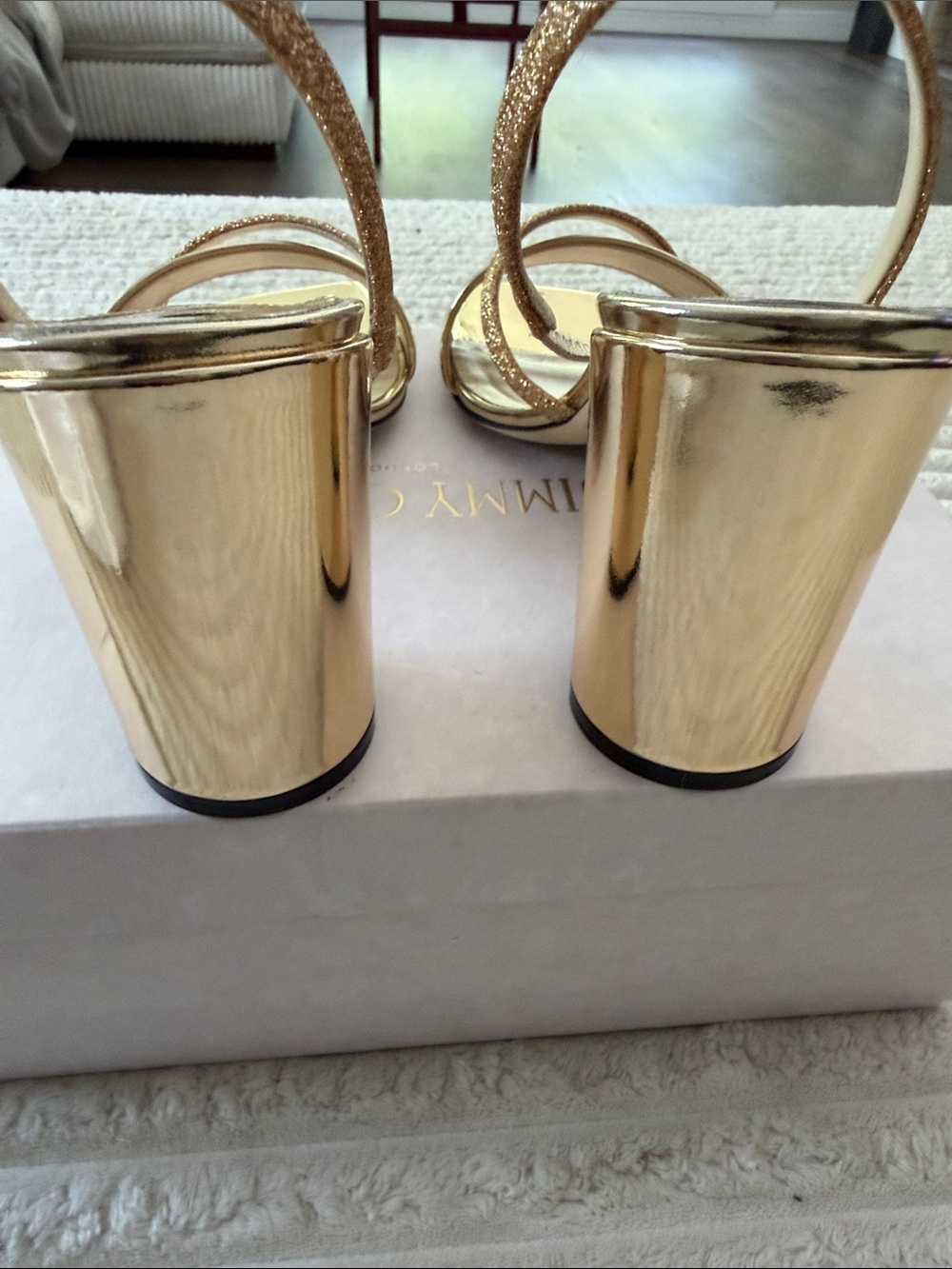Jimmy Choo Gold Mirror Metallic Heel Sandals with Glitter Strap - Picture 5 of 7